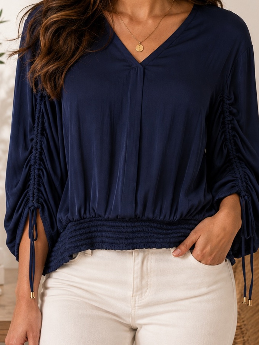 Philosophy Republic Clothing Navy Blue Ruched Sleeve Blouse M